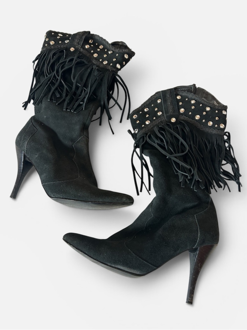 Y2K Colin Stuart Black Suede Fringe Studded High Heel Boots Size 7.5 Heel 4 In.